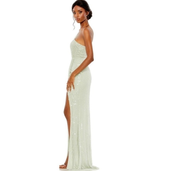 NWT $598 Mac Duggal Pearl Embellished Soft Tie One Shoulder Gown Mint Green Teal - Picture 2 of 14